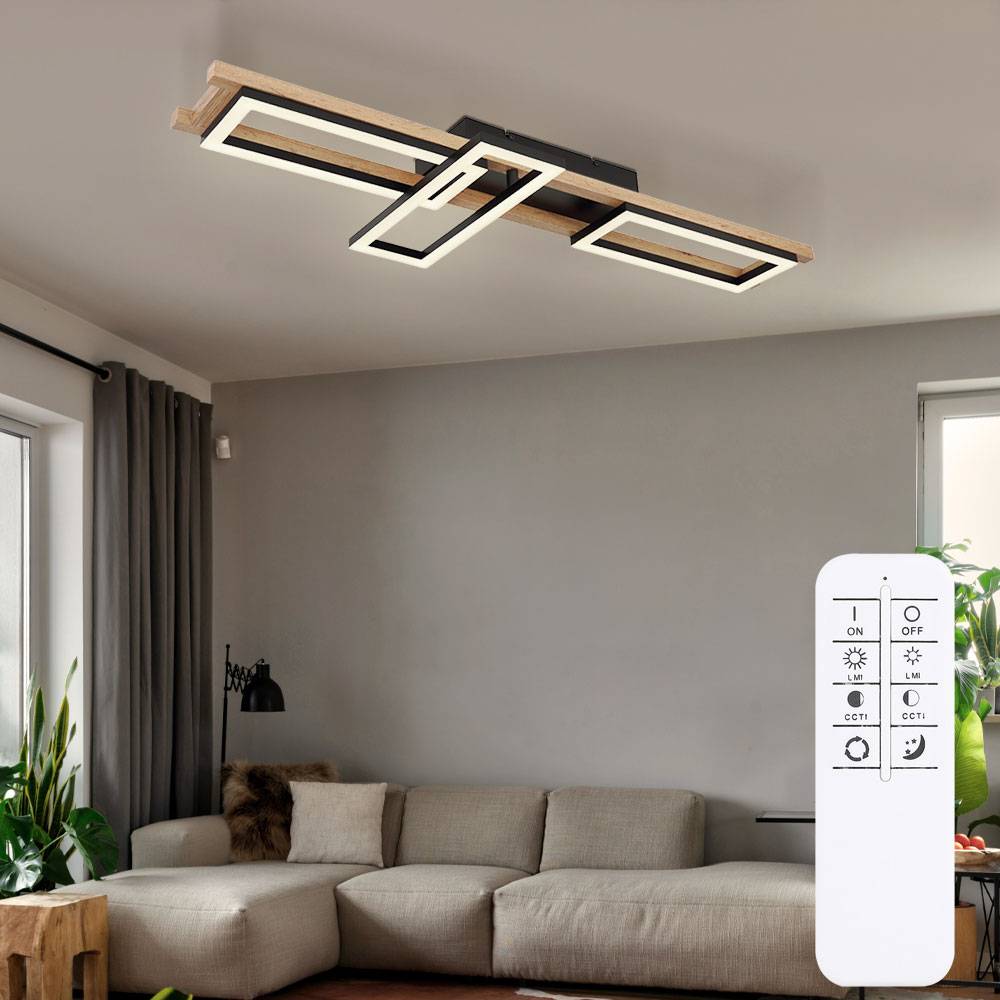 Deckenleuchte Fernbedienung Holz Wohnzimmerleuchte Decke dimmbar Deckenlampe schwenkbar, CCT, 1x LED 30W 1800Lm, LxBxH 100x13,5x11cm