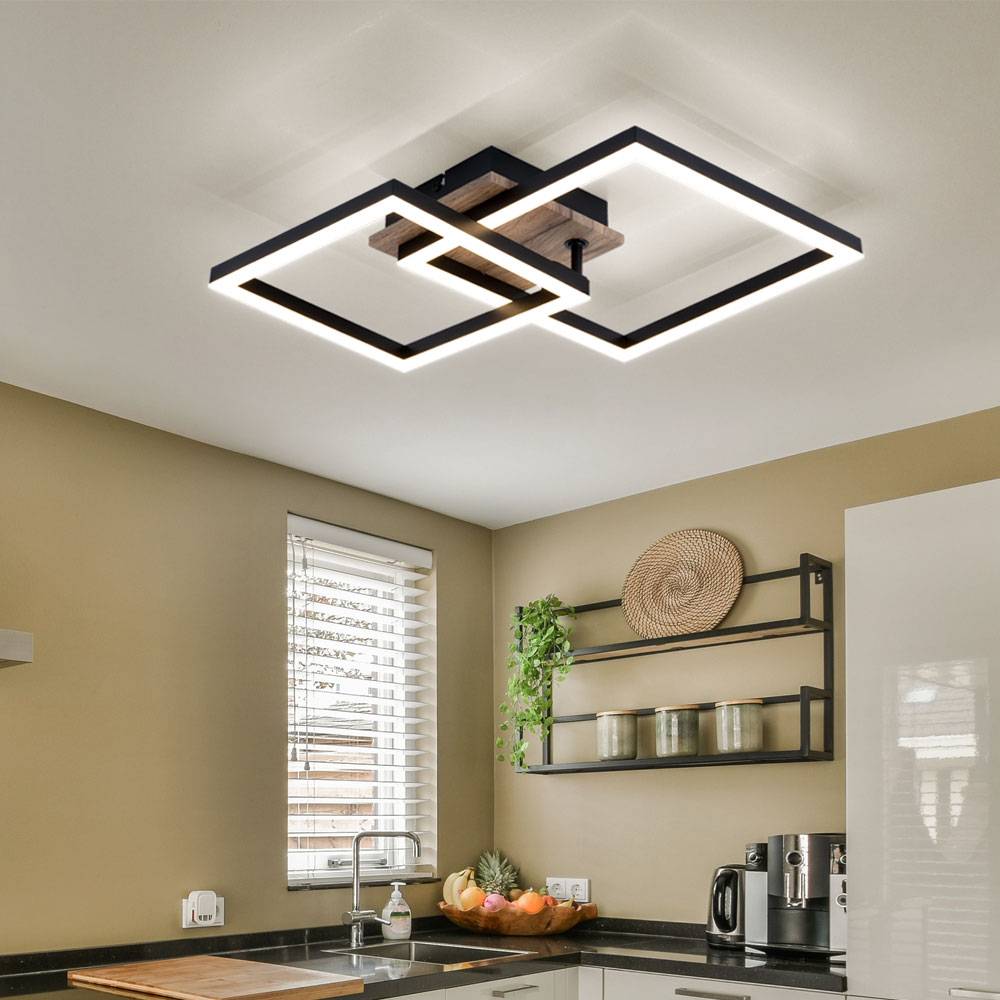 Deckenlampe Wohnzimmerlampe schwarz Deckenleuchte Holzoptik mit beweglichen Elementen, Metall, 1x LED 18 W 1200lm 3000K warmweiß, LxBxH 53x38x9 cm