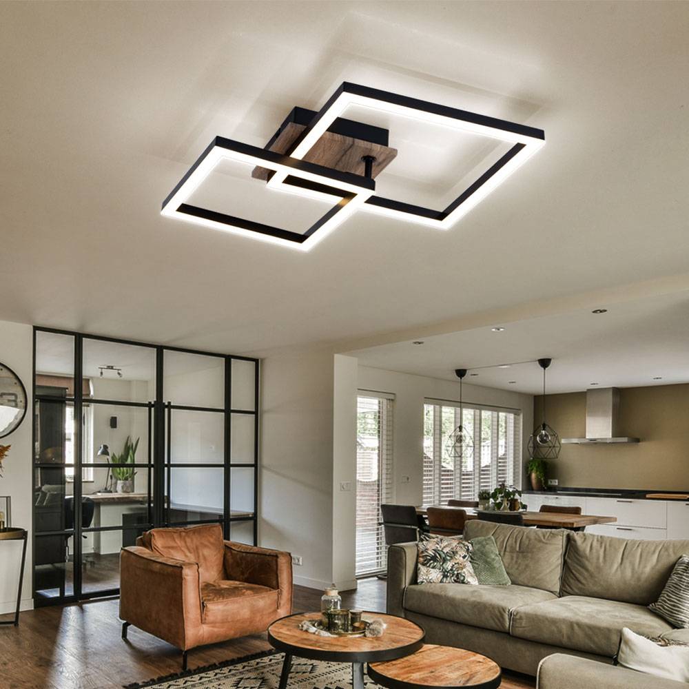 Deckenlampe Wohnzimmerlampe schwarz Deckenleuchte Holzoptik mit beweglichen Elementen, Metall, 1x LED 18 W 1200lm 3000K warmweiß, LxBxH 53x38x9 cm