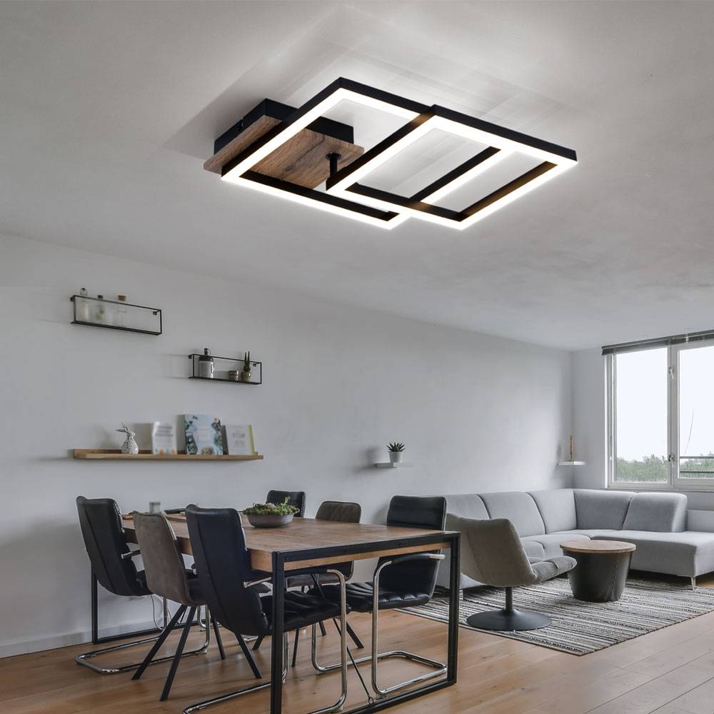 Deckenlampe Wohnzimmerlampe schwarz Deckenleuchte Holzoptik mit beweglichen Elementen, Metall, 1x LED 18 W 1200lm 3000K warmweiß, LxBxH 53x38x9 cm