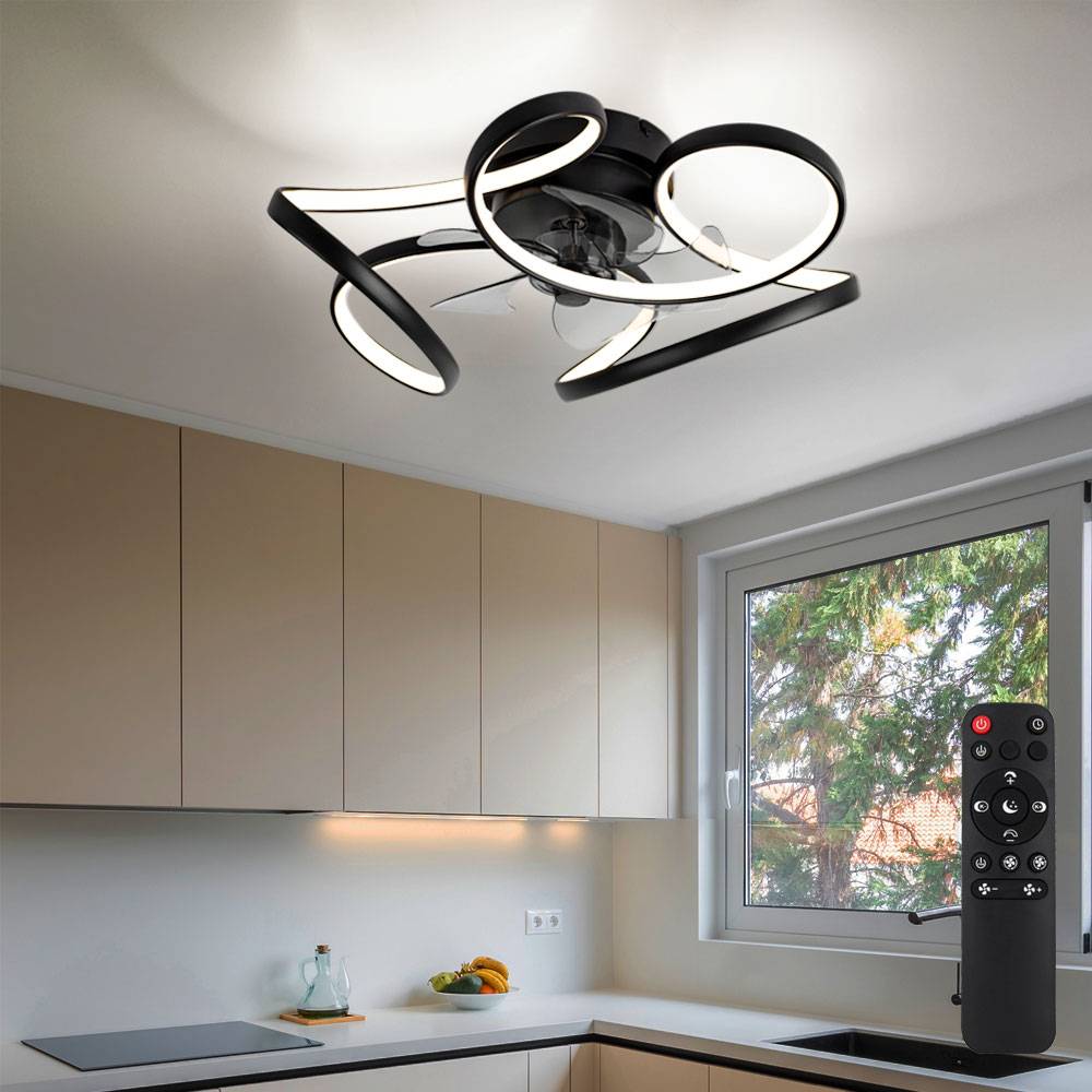 Deckenlampe schwarz Ventilator modern Wohnzimmerleuchte dimmbar, LED Designlampe Fernbedienung Lüfter, Metall, LED 30W 2200lm 3000-6000K, DxH