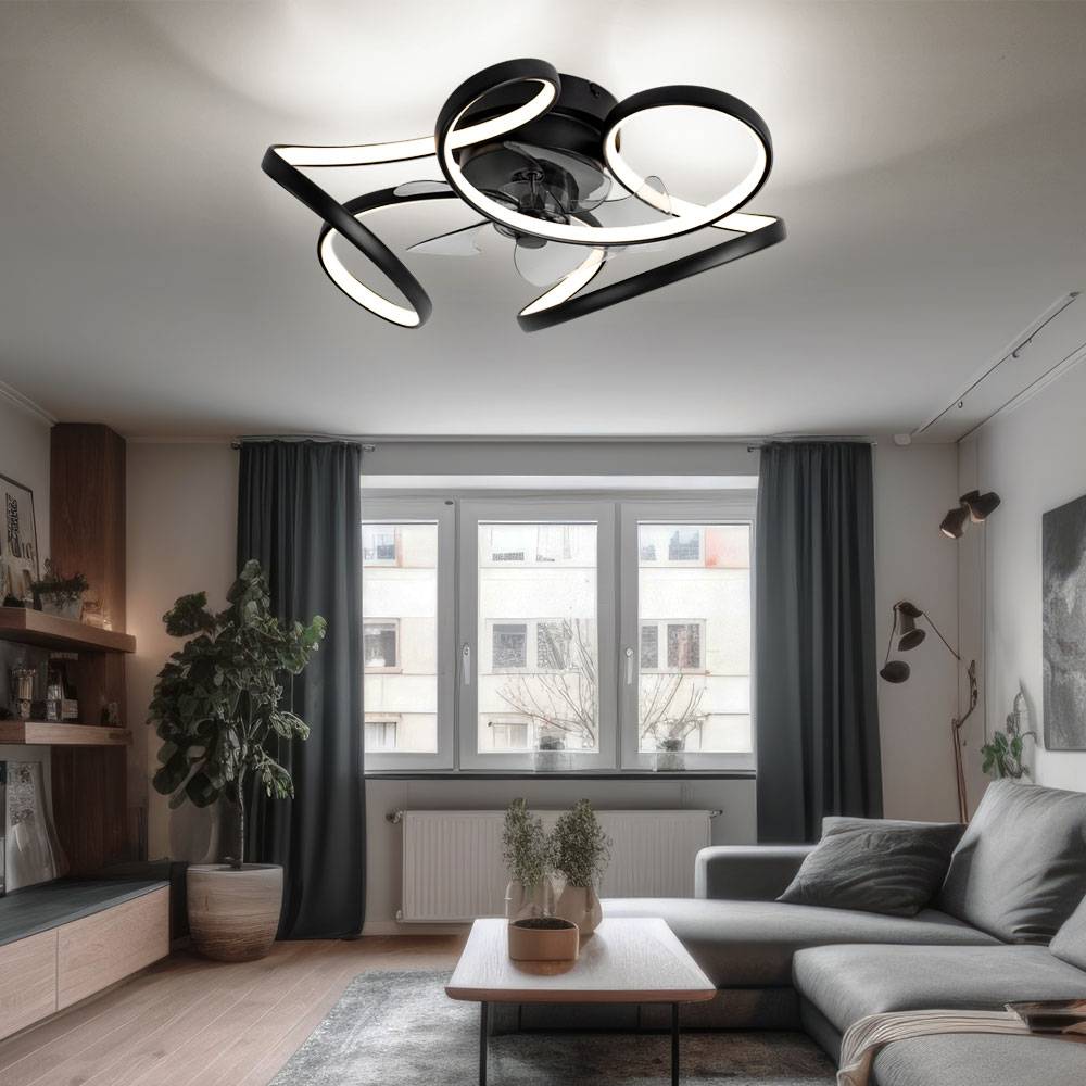 Deckenlampe schwarz Ventilator Wohnzimmerleuchte Dimmer Raumkühler LED Fernbedienung Lüfter, Metall, LED 30W 2200lm 3000-6000K, DxH 56x21cm