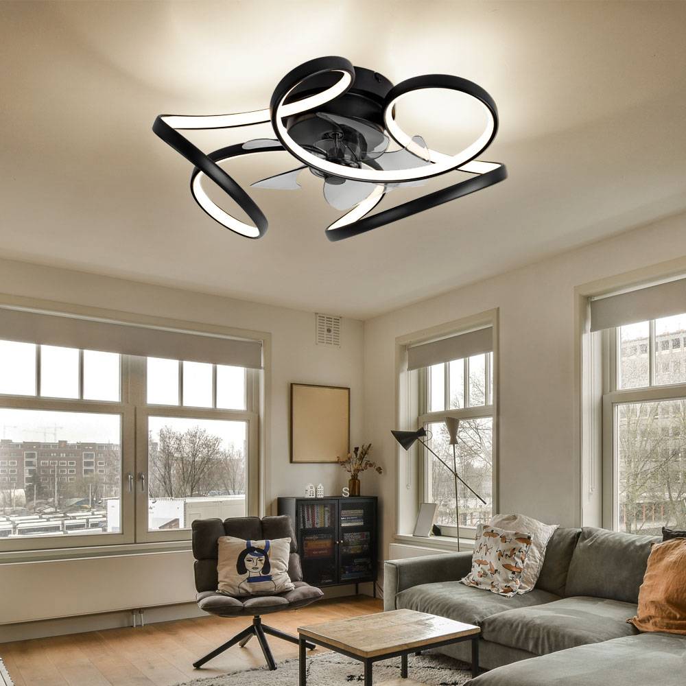Deckenlampe schwarz Ventilator modern Wohnzimmerleuchte dimmbar, LED Designlampe Fernbedienung Lüfter, Metall, LED 30W 2200lm 3000-6000K, DxH