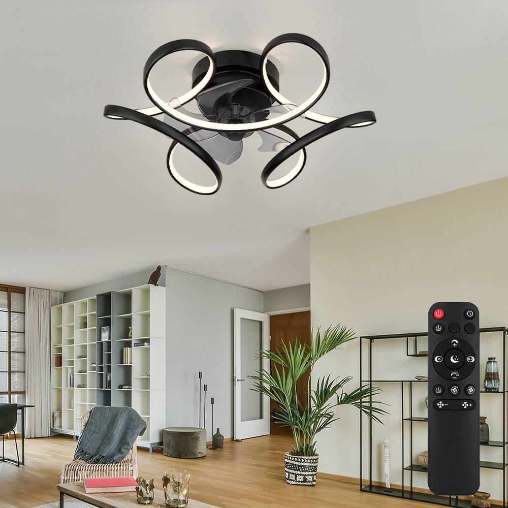 Deckenlampe schwarz Ventilator modern Wohnzimmerleuchte dimmbar, LED Designlampe Fernbedienung Lüfter, Metall, LED 30W 2200lm 3000-6000K, DxH