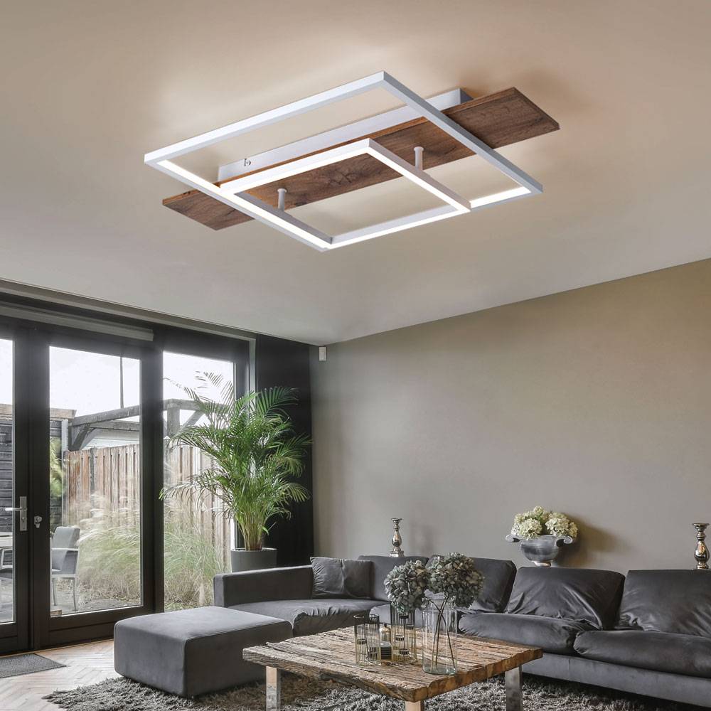 Deckenleuchte dimmbar über Lichtschalter Wohnzimmerlampe LED Deckenlampe Holzlampe, Memoryfunktion Metall weiß MDF, 24W 1500lm warmweiß, LxH 60x10