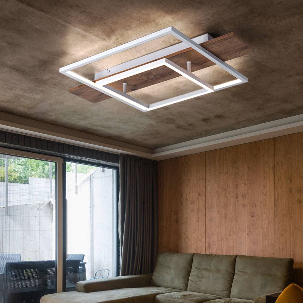 Deckenleuchte dimmbar über Lichtschalter Wohnzimmerlampe LED Deckenlampe Holzlampe, Memoryfunktion Metall weiß MDF, 24W 1500lm warmweiß, LxH 60x10