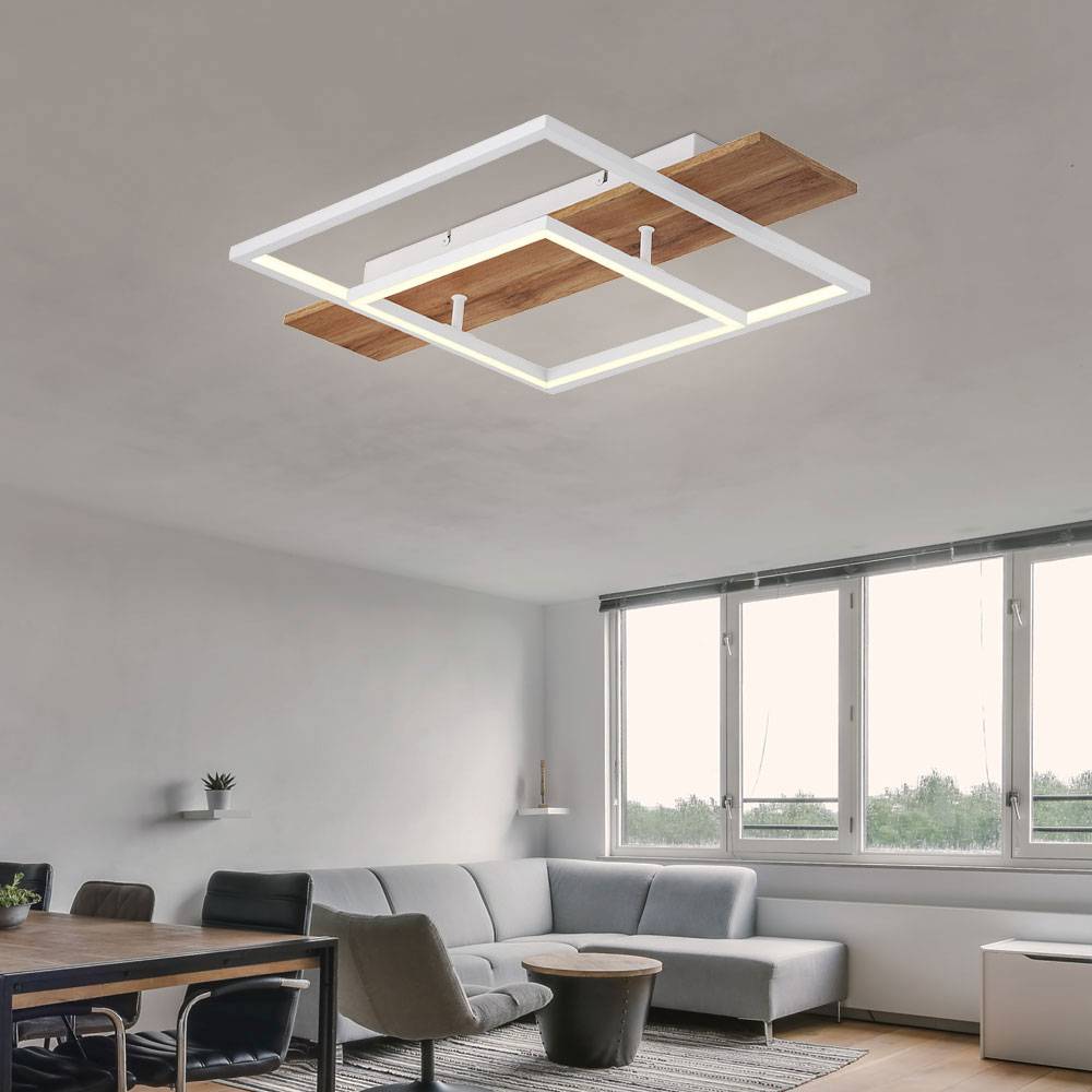 Deckenleuchte dimmbar über Lichtschalter Wohnzimmerlampe LED Deckenlampe Holzlampe, Memoryfunktion Metall weiß MDF, 24W 1500lm warmweiß, LxH 60x10