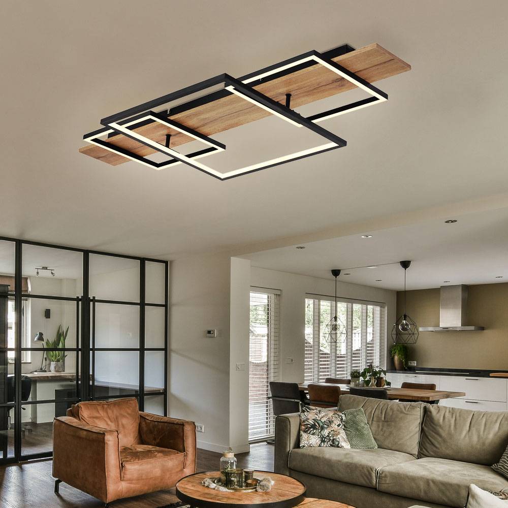 Deckenleuchte Wohnzimmer Holzoptik LED Schlafzimmerlampe Deckenlampe LED mit Holzoptik, Aluminium Metall schwarz, 1x LED 32W 1500Lm warmweiß, LxBxH