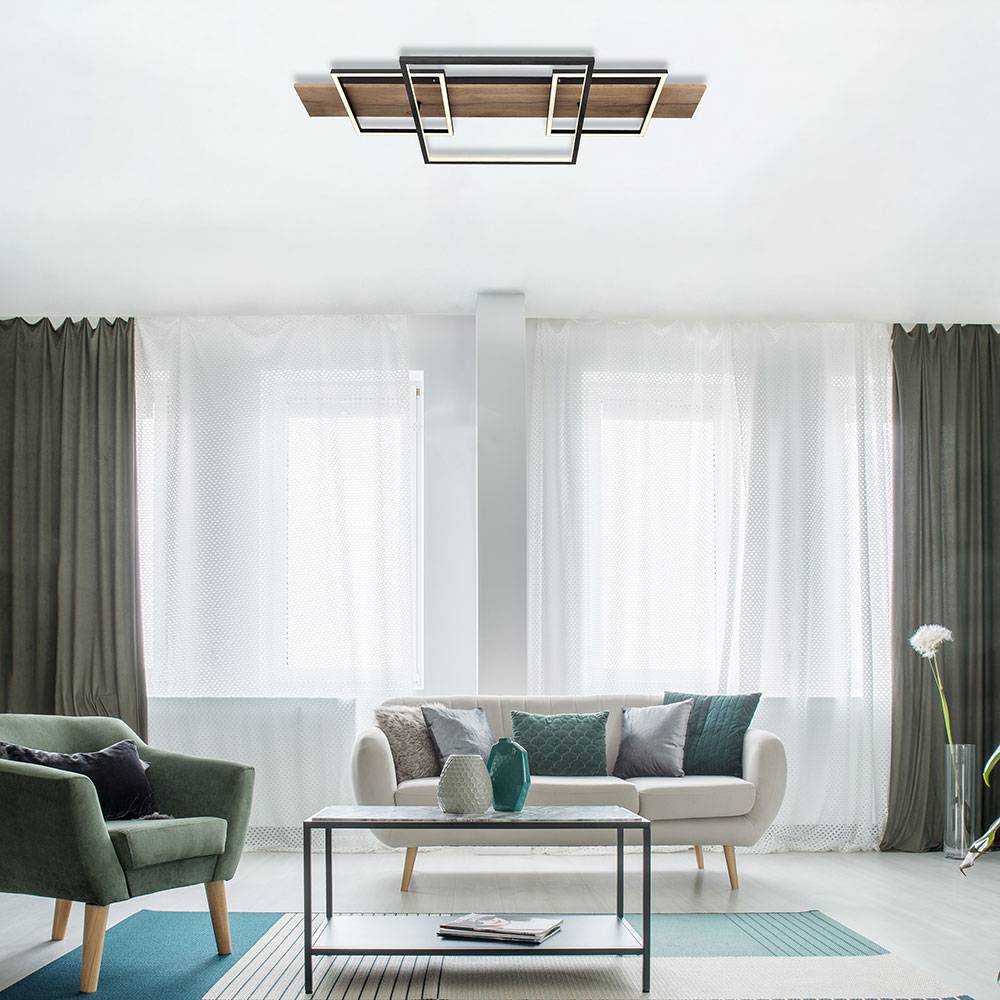 Deckenleuchte Wohnzimmer Holzoptik LED Schlafzimmerlampe Deckenlampe LED mit Holzoptik, Aluminium Metall schwarz, 1x LED 32W 1500Lm warmweiß, LxBxH