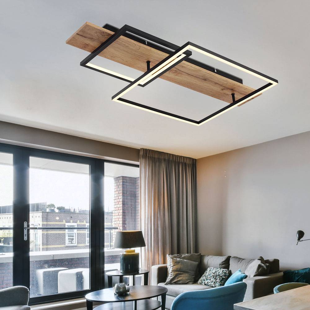 Deckenleuchte Wohnzimmer Holzoptik Schlafzimmerlampe Memory Deckenlampe LED mit Holzoptik, Aluminium Metall schwarz, 1x LED 24W 1100Lm warmweiß