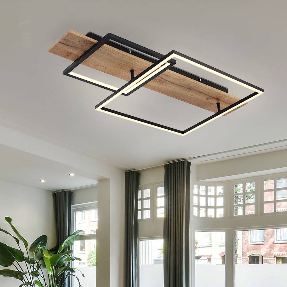Deckenleuchte Wohnzimmer Holzoptik Schlafzimmerlampe Memory Deckenlampe LED mit Holzoptik, Aluminium Metall schwarz, 1x LED 24W 1100Lm warmweiß