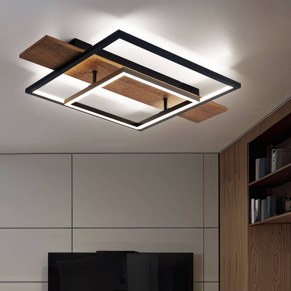 Deckenleuchte Esszimmer Deckenlampe Memory Funktion 3 Stufen Holzoptik LED mit Holzoptik, Aluminium Metall schwarz, 1x LED 24W 1100Lm warmweiß