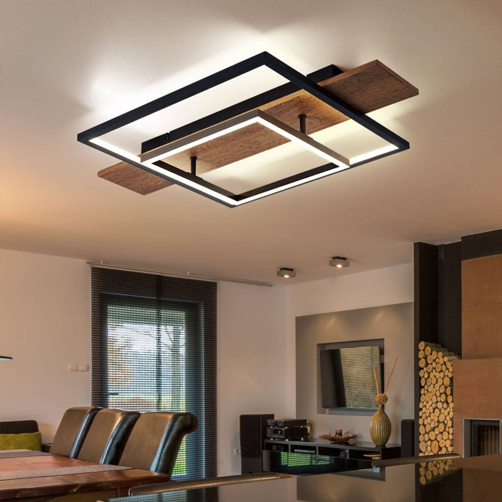 Deckenleuchte Esszimmer Deckenlampe Memory Funktion 3 Stufen Holzoptik LED mit Holzoptik, Aluminium Metall schwarz, 1x LED 24W 1100Lm warmweiß