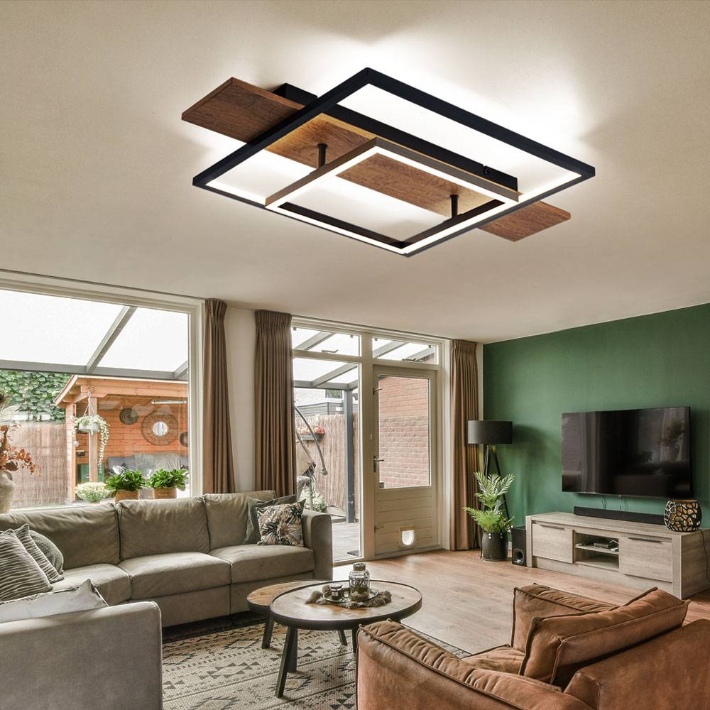 Deckenleuchte Esszimmer Deckenlampe Memory Funktion 3 Stufen Holzoptik LED mit Holzoptik, Aluminium Metall schwarz, 1x LED 24W 1100Lm warmweiß