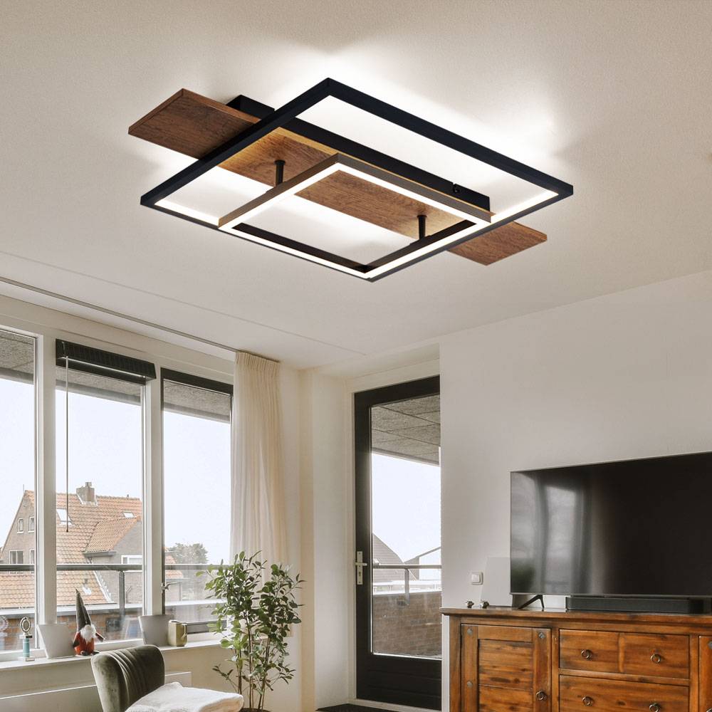 Deckenleuchte Esszimmer Deckenlampe Memory Funktion 3 Stufen Holzoptik LED mit Holzoptik, Aluminium Metall schwarz, 1x LED 24W 1100Lm warmweiß