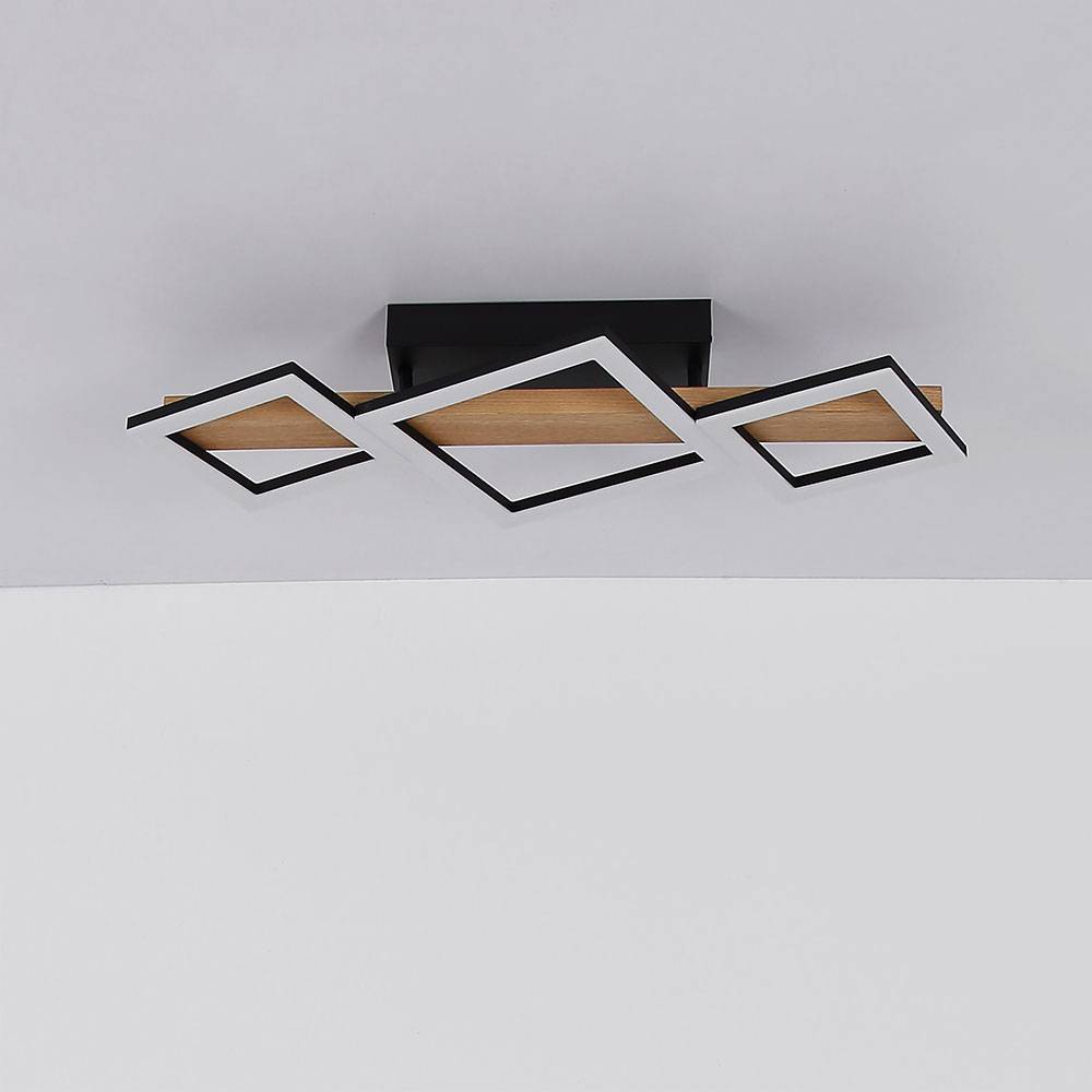 LED Deckenleuchte Holz Wohnzimmerlampe Designleuchte Deckenlampe Quadrate, MDF Metall, 29W 1560Lm warmweiß, LxBxH 66x30x10