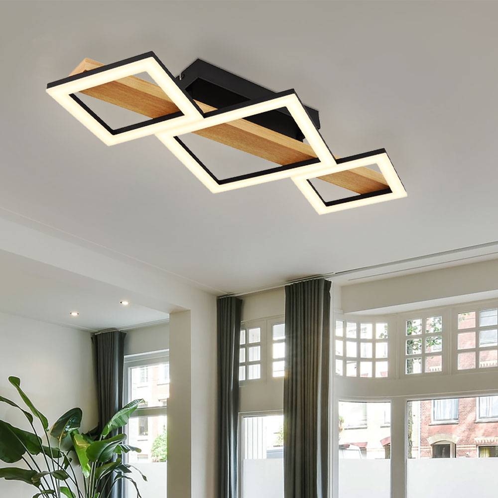 LED Deckenleuchte Holz Wohnzimmerlampe Designleuchte Deckenlampe Quadrate, MDF Metall, 29W 1560Lm warmweiß, LxBxH 66x30x10