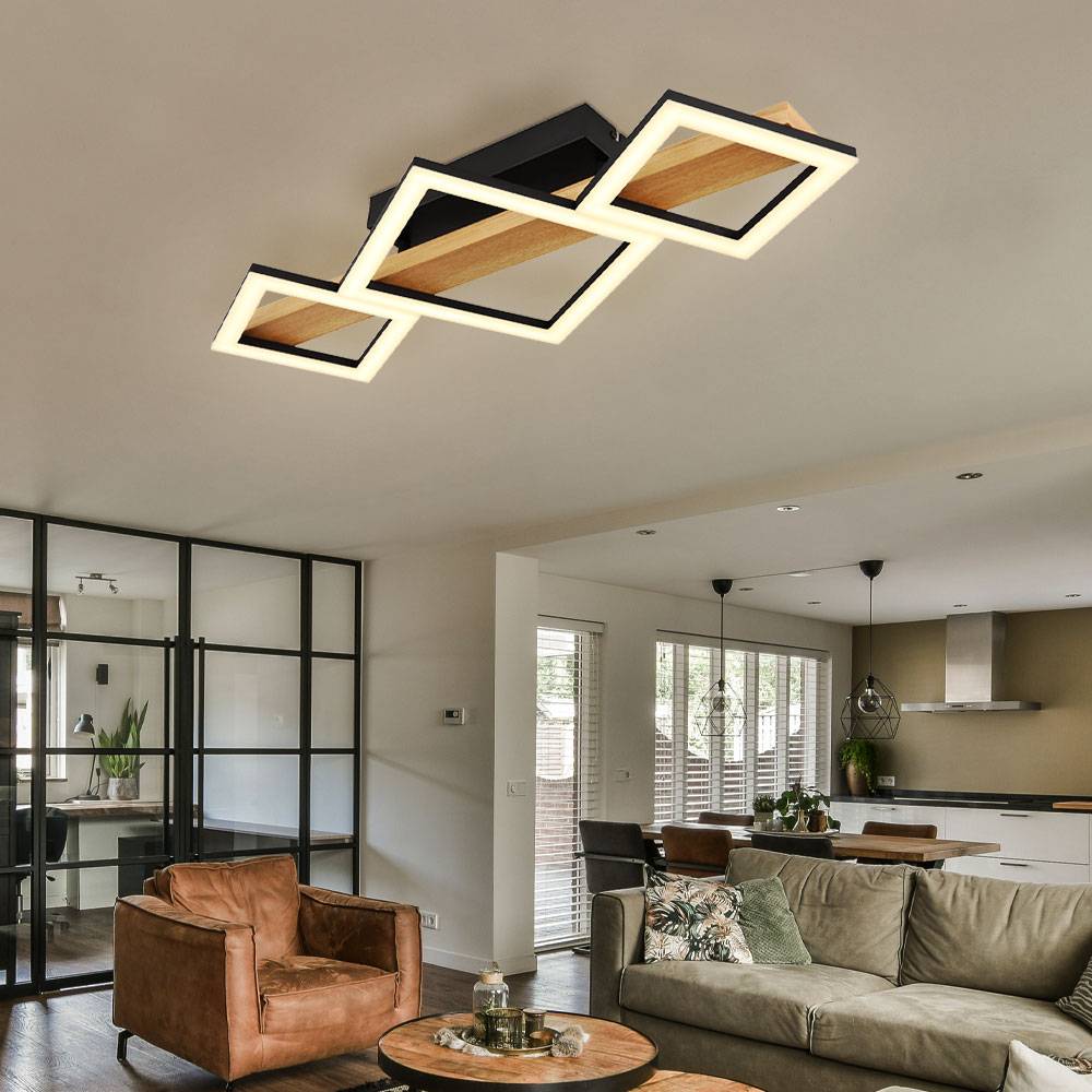 LED Deckenleuchte Holz Wohnzimmerlampe Designleuchte Deckenlampe Quadrate, MDF Metall, 29W 1560Lm warmweiß, LxBxH 66x30x10
