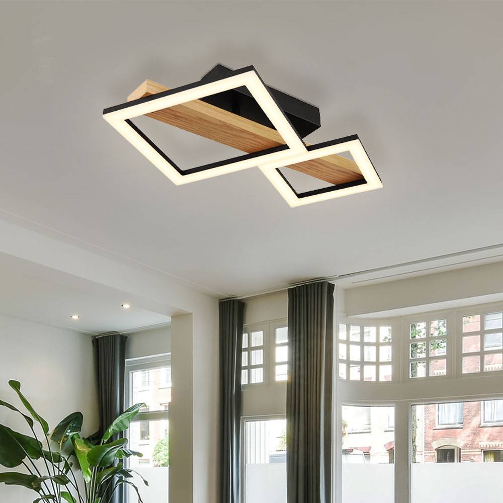 LED Deckenleuchte Holz Wohnzimmerlampe Designleuchte Deckenlampe Quadrate, MDF Metall, 19W 1150Lm warmweiß, LxBxH 48x30x10