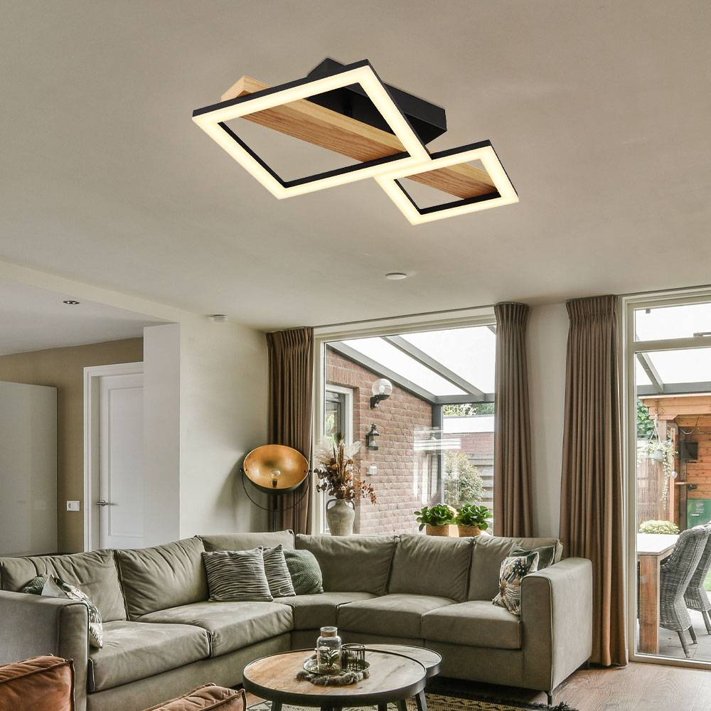 LED Deckenleuchte Holz Wohnzimmerlampe Designleuchte Deckenlampe Quadrate, MDF Metall, 19W 1150Lm warmweiß, LxBxH 48x30x10