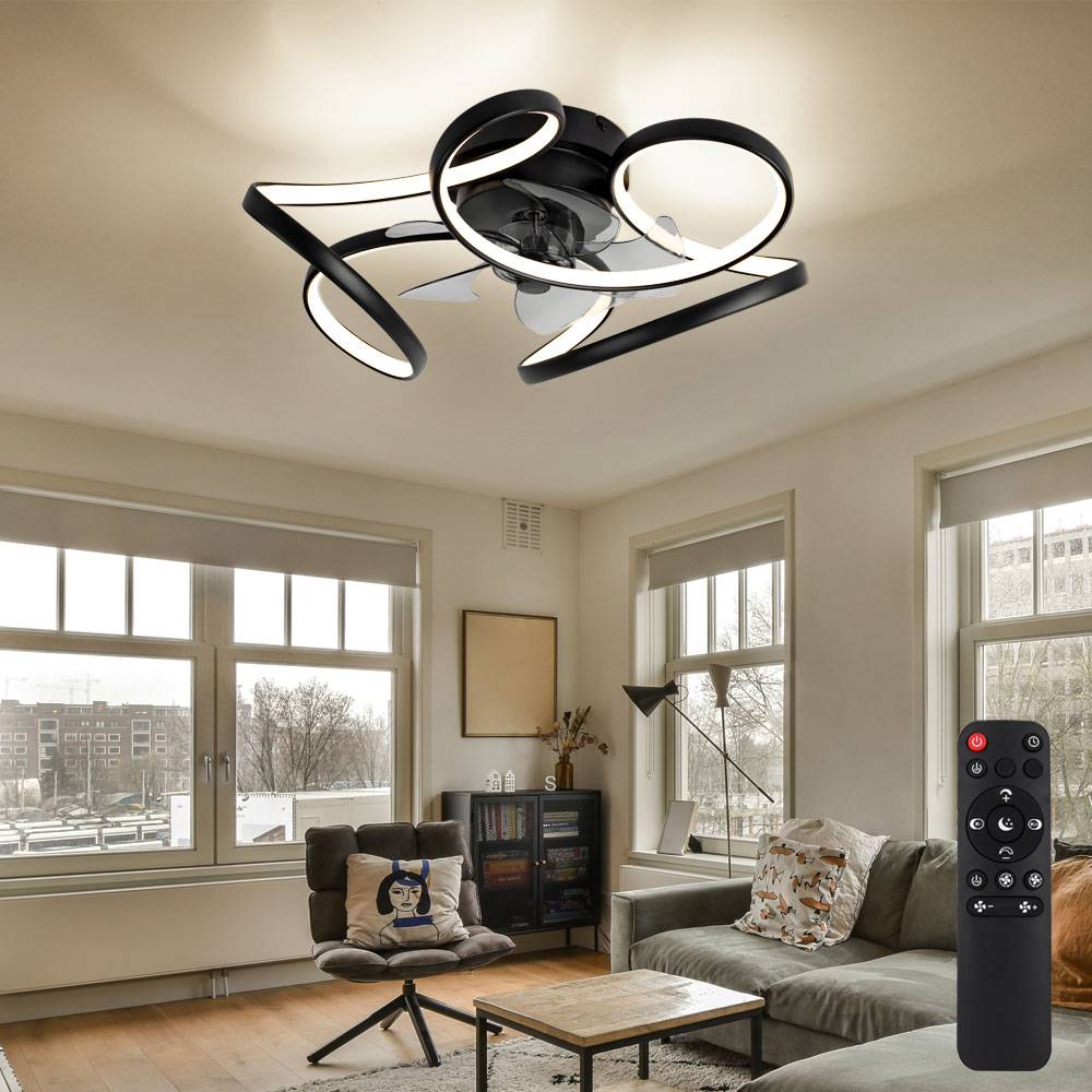 Deckenlampe schwarz Ventilator Wohnzimmerleuchte Dimmer Raumkühler LED Fernbedienung Lüfter, Metall, LED 30W 2200lm 3000-6000K, DxH 56x21cm