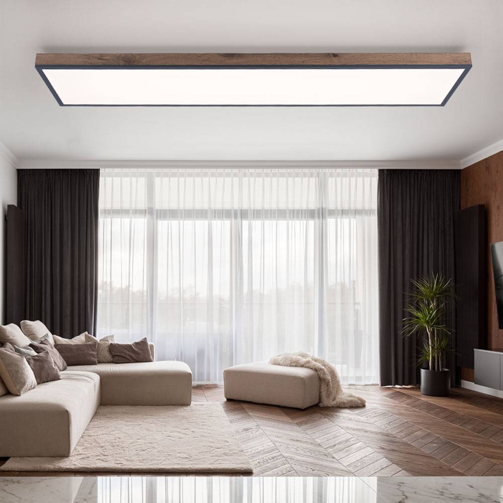 LED Deckenleuchte Fernbedienung Deckenlampe Holzleuchte Wohnzimmerlampe CCT, Nachtlicht, Alu Holzoptik Graphit opal, 1x 36W 2250Lm warm-kaltweiß,