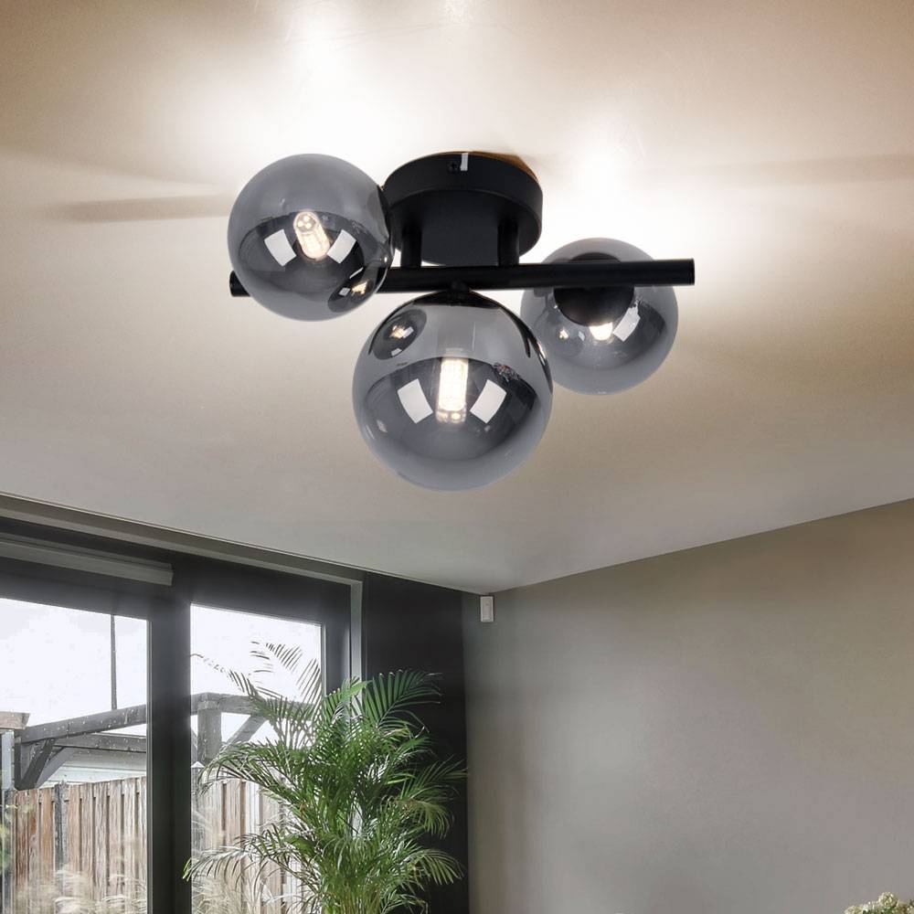 Deckenleuchte mit Glas Strahler Kugel Deckenlampen Glaskugeln Esstisch, LED schwarz 3 flammig, 3x 3,5W 3x 350lm 3000K, BxH 21x28 cm