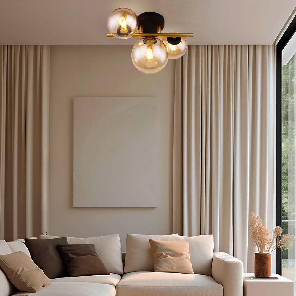 Deckenleuchte Wohnraum Deckenlampe Design schwarz messing Kugellampe Glas LED Wandleuchte Innen, Glaskugel amber, 3 flammig G9, 3x 3,5W 3x350 lm