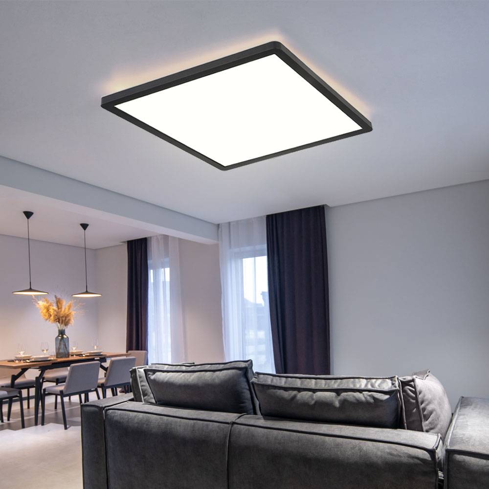 Badezimmer Lampe LED Deckenleuchte Deckenlampe IP44 LED Panel, dimmbar 3 Stufen über Wandschalter, Backlight, schwarz, 24W 2300Lm warmweiß, LxH 42x2