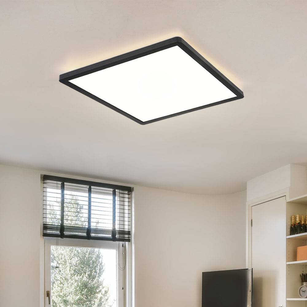 Badezimmer Lampe LED Deckenleuchte Deckenlampe IP44 LED Panel, dimmbar 3 Stufen über Wandschalter, Backlight, schwarz, 24W 2300Lm warmweiß, LxH 42x2