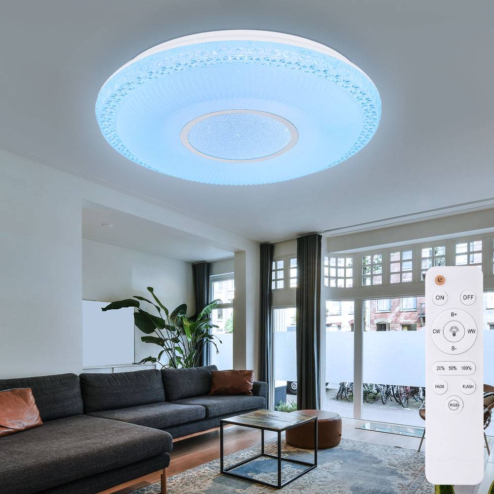 Deckenleuchte mit Sterneneffekt dimmbare Deckenlampe weiß dimmbare Lampe mit Fernbedienung, Tageslichtfunktion Farbwechsel, 1x RGB LED 40W 2140Lm