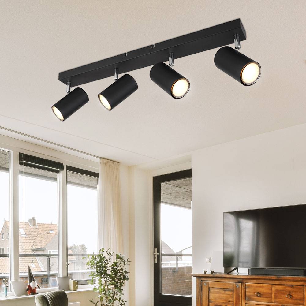 Deckenleuchte Spot 4 flammig Deckenstrahler schwarz Deckenlampe Wohnzimmer modern, schwenkbare Strahler, Metall, 4x GU10, LxBxH 56x6x12