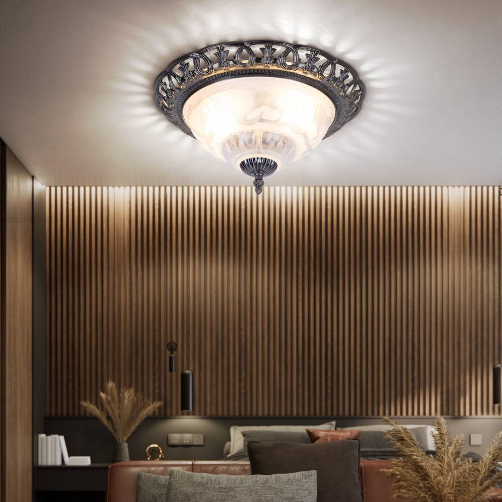 Deckenlampe weiß Wohnzimmerlampe antik silber Deckenleuchte rund, Retrolampe Perlmutt verschnörkelte Elemente, Metall, 2x E14 Fassungen, DxH 33x17