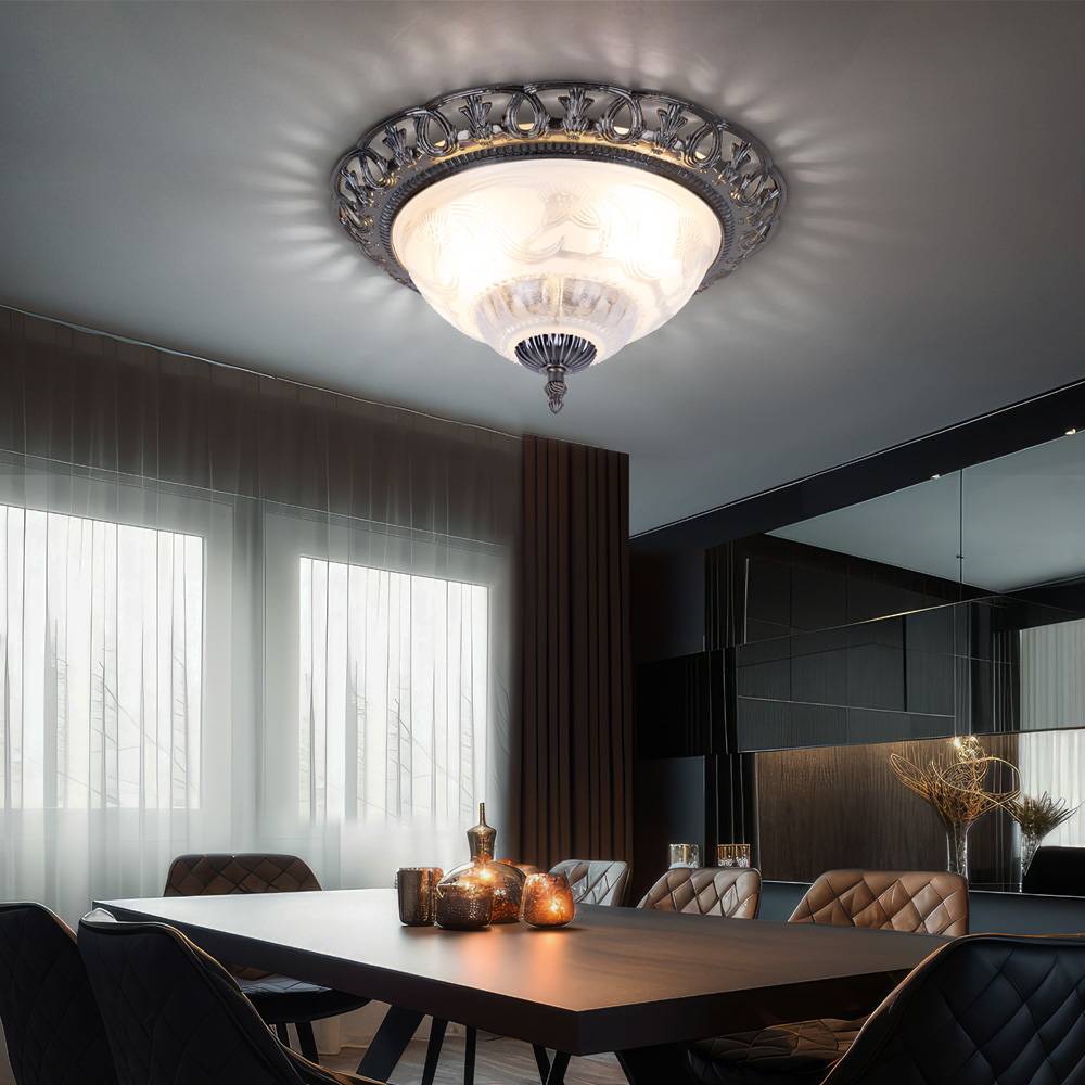 Deckenlampe weiß Wohnzimmerlampe antik silber Deckenleuchte rund, Retrolampe Perlmutt verschnörkelte Elemente, Metall, 2x E14 Fassungen, DxH 33x17