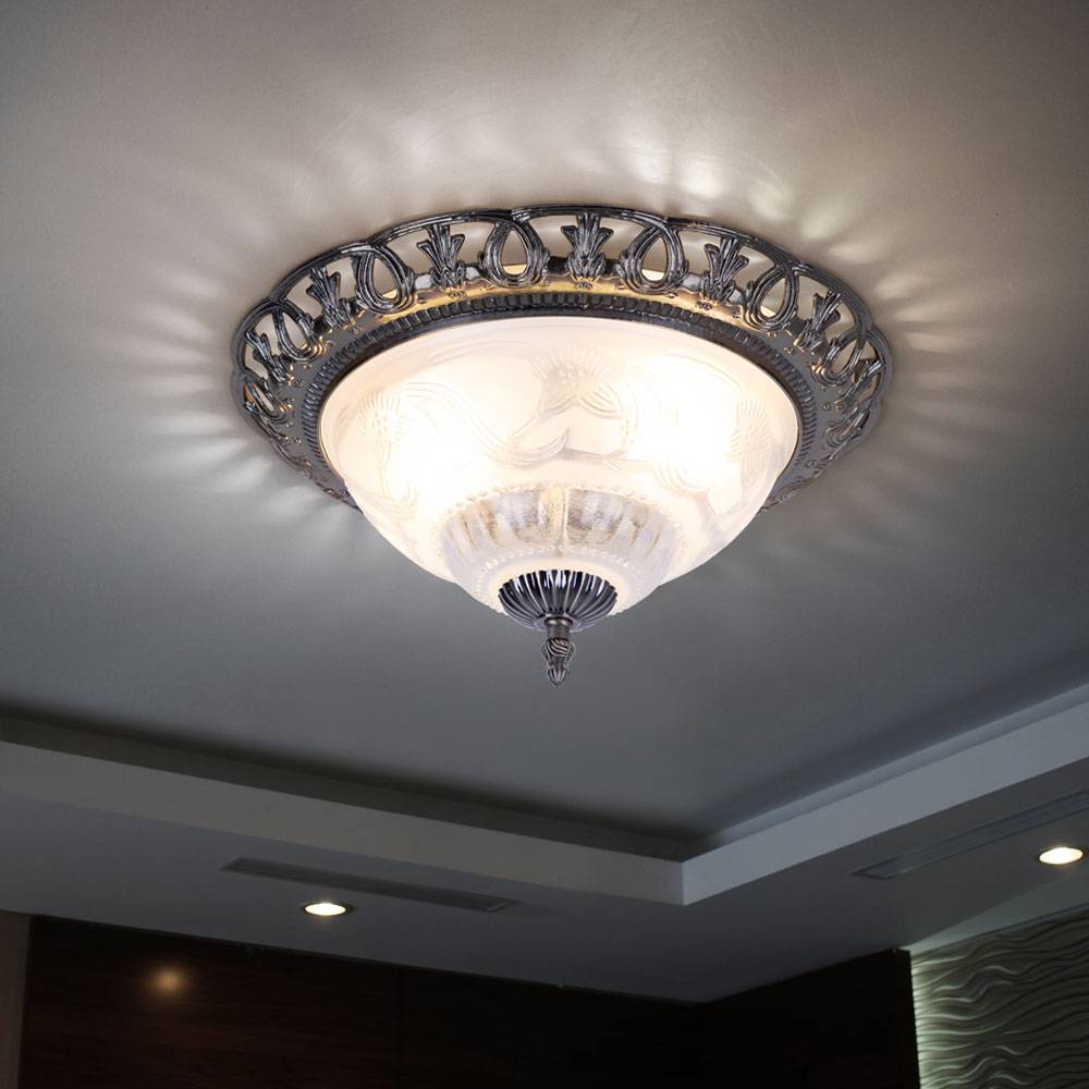 Deckenlampe dimmbar mit Fernbedienung LED Wohnzimmerlampe antik silber Deckenleuchte rund, Retrolampe Perlmutt verschnörkelte Elemente, Metall, 2x