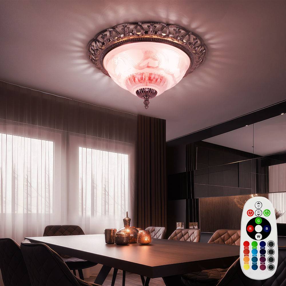 Deckenlampe dimmbar mit Fernbedienung LED Wohnzimmerlampe antik silber Deckenleuchte rund, Retrolampe Perlmutt verschnörkelte Elemente, Metall, 2x