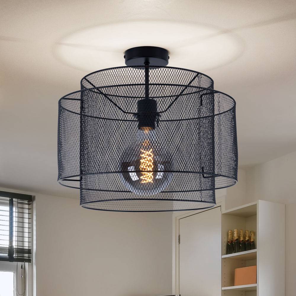 Deckenleuchte Metall Deckenlampe schwarz rund Esszimmer Käfig Lampe Beleuchtung in Gitterform, Fassung 1x E27, DxH 40x35 cm
