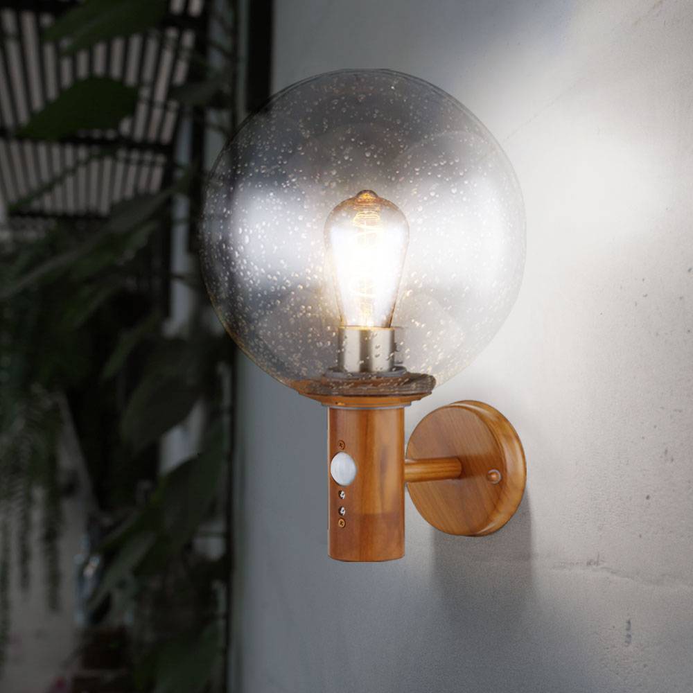 Außenleuchte Wandleuchte mit Bewegungsmelder Gartenleuchte Edelstahl Fassadenleuchte, Glaskugel klar Holzoptik, 1x E27, DxH 25x37 cm