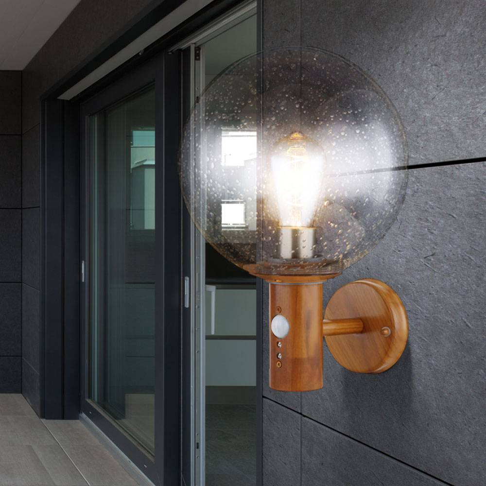 Wandleuchte Außenleuchte mit Bewegungsmelder Gartenleuchte Edelstahl Fassadenleuchte, Glaskugel klar Holzoptik, 1x E27, DxH 25x37 cm