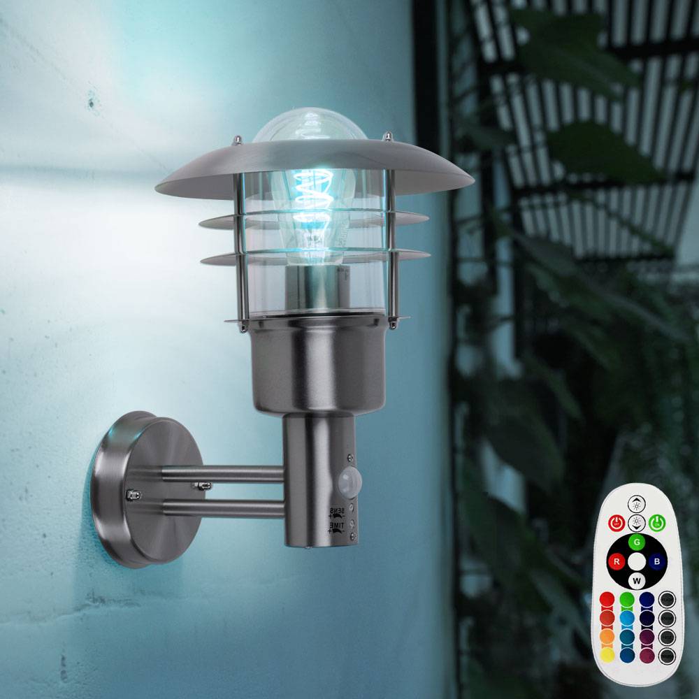 Wandleuchte Wandlampe Laterne Terrassenleuchte Balkonlampe, Fernbedienung dimmbar, Bewegungsmelder, Edelstahl, 1x RGB LED 8,5W 806Lm, BxH 22x32cm