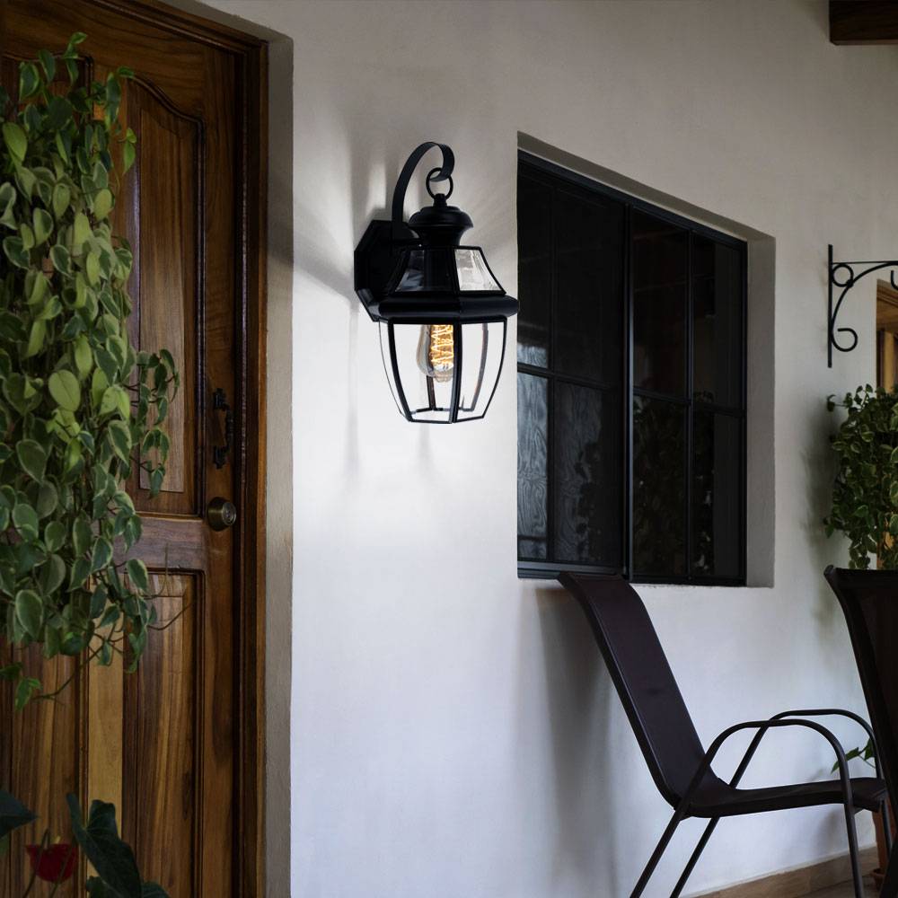 Außenlampe Laterne schwarz Wandlampe Retro Hauswandleuchte, Gartenlampe mit Glasschirm wetterfest, Stahl Alu, 1x E27 Fassung, LxBxH 21x19,7x35,9 cm