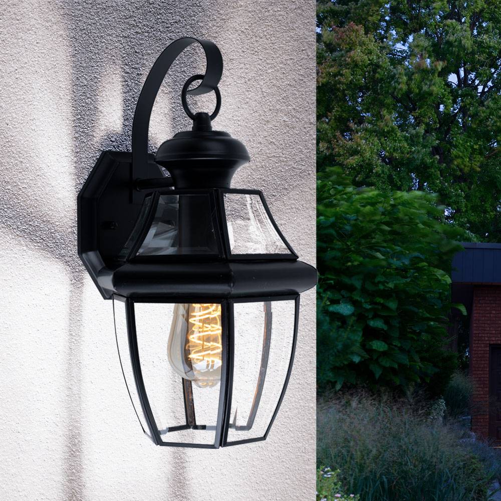 Außenlampe Laterne schwarz Wandlampe Retro Hauswandleuchte, Gartenlampe mit Glasschirm wetterfest, Stahl Alu, 1x E27 Fassung, LxBxH 21x19,7x35,9 cm