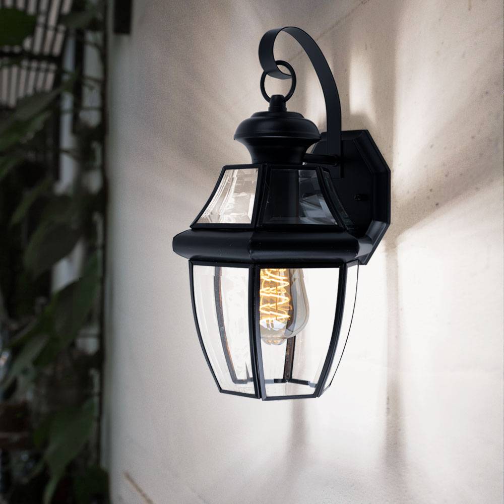 Außenlampe Laterne schwarz Wandlampe Retro Hauswandleuchte, Gartenlampe mit Glasschirm wetterfest, Stahl Alu, 1x E27 Fassung, LxBxH 21x19,7x35,9 cm