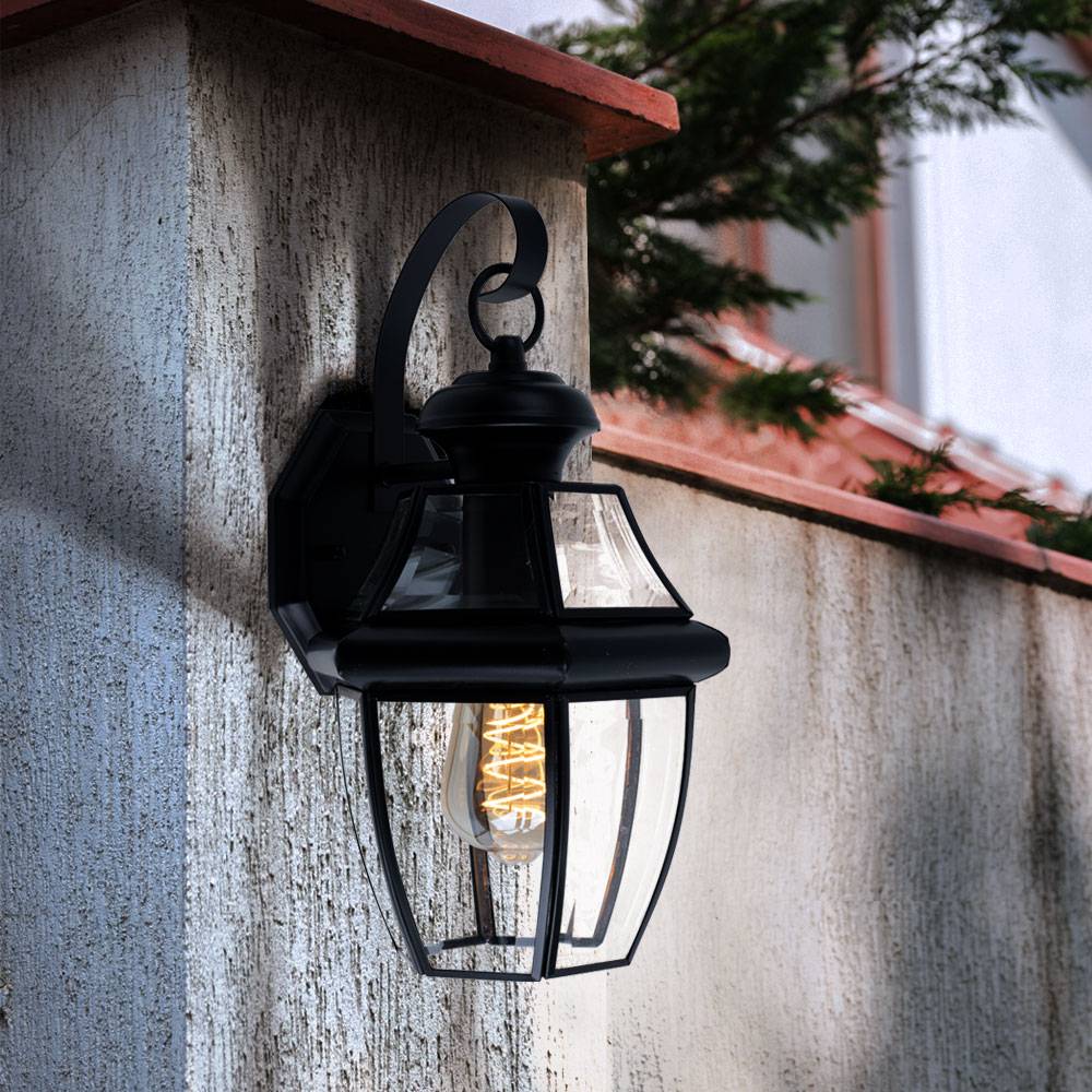 Außenlampe Laterne schwarz Wandlampe Retro Hauswandleuchte, Gartenlampe mit Glasschirm wetterfest, Stahl Alu, 1x E27 Fassung, LxBxH 21x19,7x35,9 cm