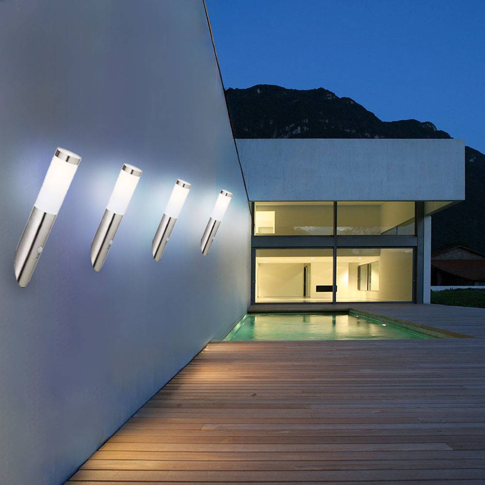 Wandleuchte Edelstahl Wandfackel Außen Hauswandleuchte Bewegungsmelder, Wetterfest IP44, Sensor, Edelstahl silber opal, 1x E27 Fassung, DxH