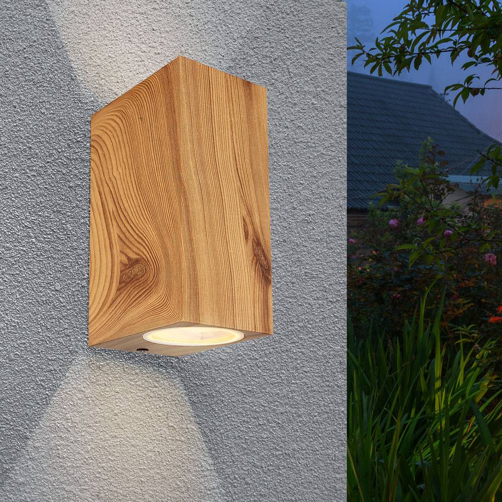 Wandleuchte Up Down 2-flammig Außenlampe Aluminium Holzoptik Aussenleuchte Wand Glas, 2x GU10 Fassung, BxH 6,8x15 cm