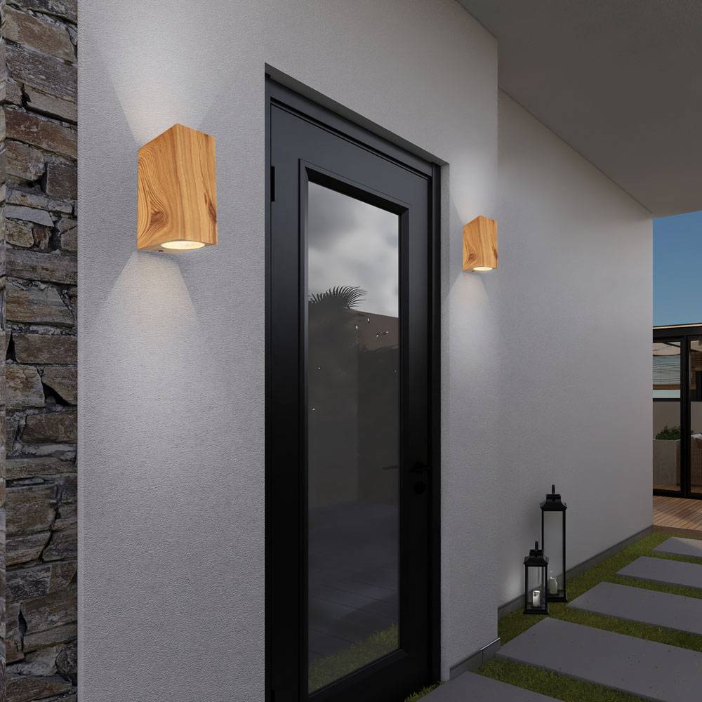 Wandleuchte Up Down 2-flammig Außenlampe Aluminium Holzoptik Aussenleuchte Wand Glas, 2x GU10 Fassung, BxH 6,8x15 cm