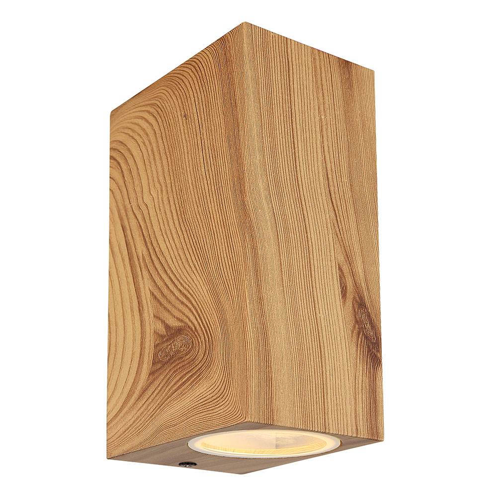 Wandleuchte Up Down 2-flammig Außenlampe Aluminium Holzoptik Aussenleuchte Wand Glas, 2x GU10 Fassung, BxH 6,8x15 cm