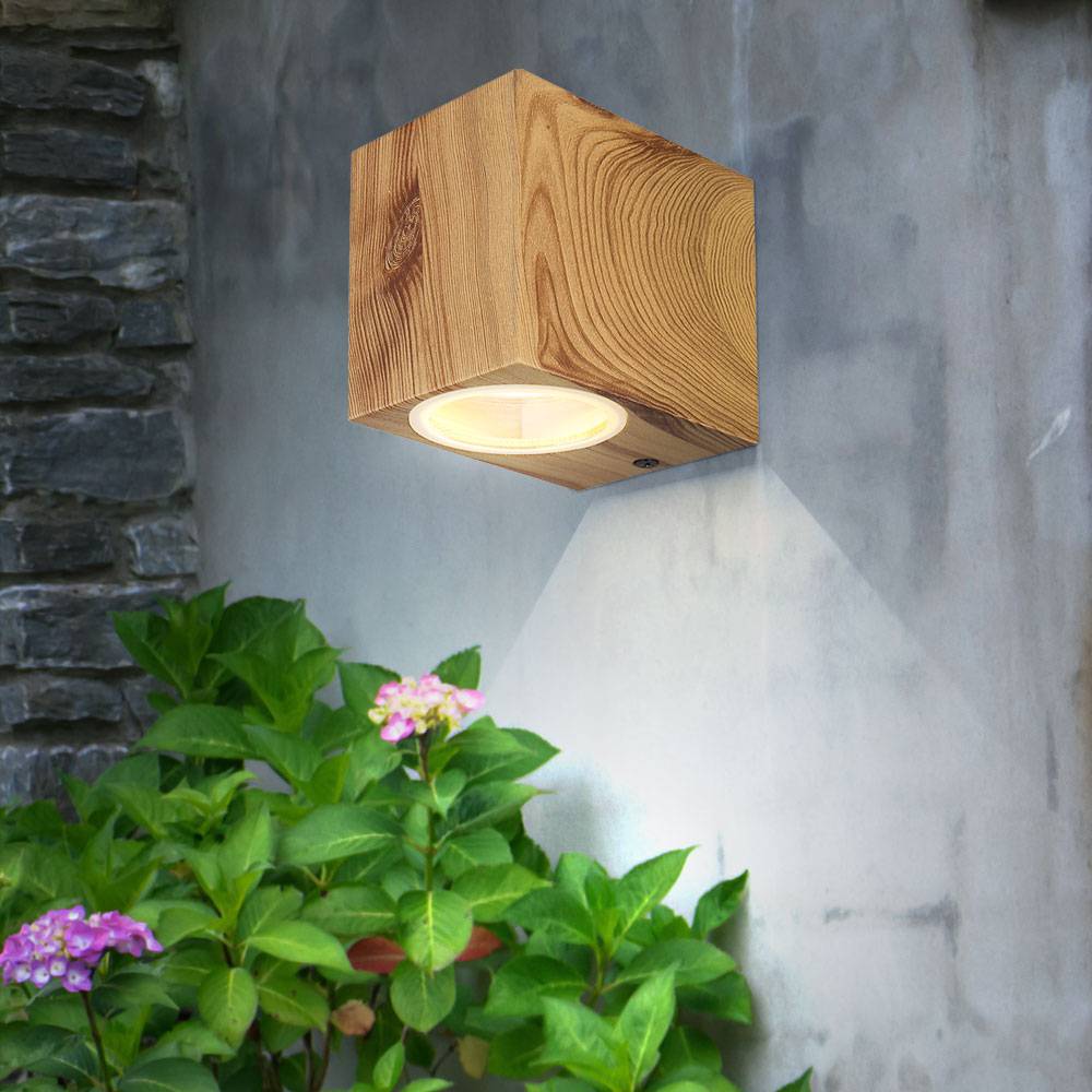 Wandleuchte Außenlampe Aluminium Holzoptik Garten Balkon Aussenleuchte Wand DOWN Glas, 1x GU10, BxH 6,8x8 cm