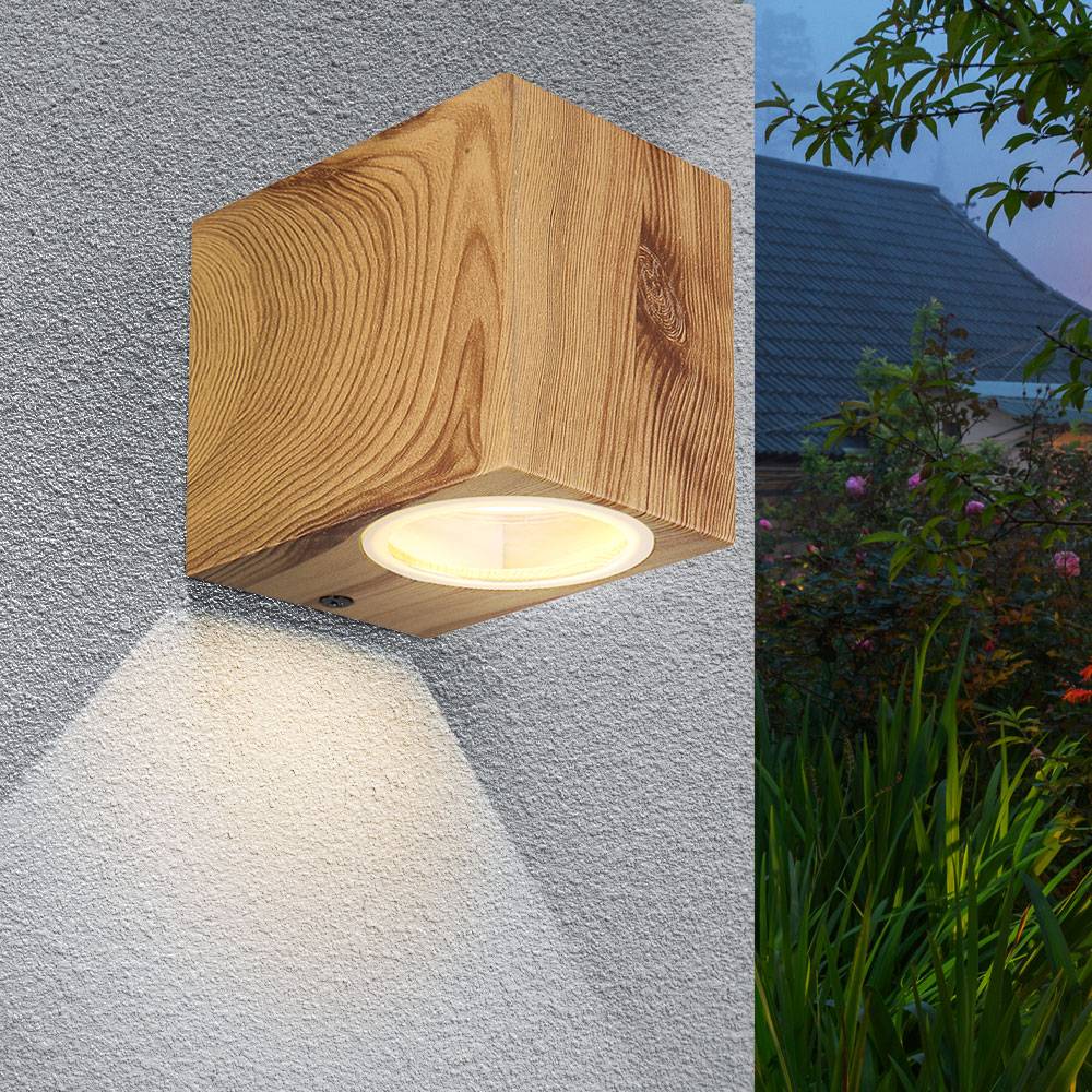 Wandleuchte Außenlampe Aluminium Holzoptik Garten Balkon Aussenleuchte Wand DOWN Glas, 1x GU10, BxH 6,8x8 cm